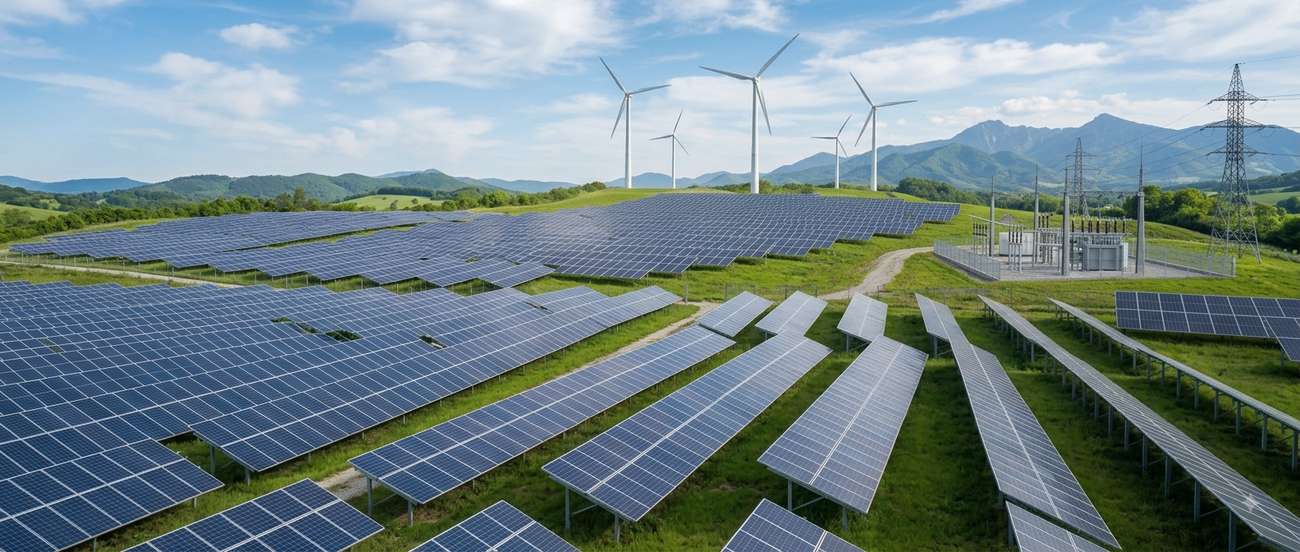 Utility-scale solar farm with wind turbines