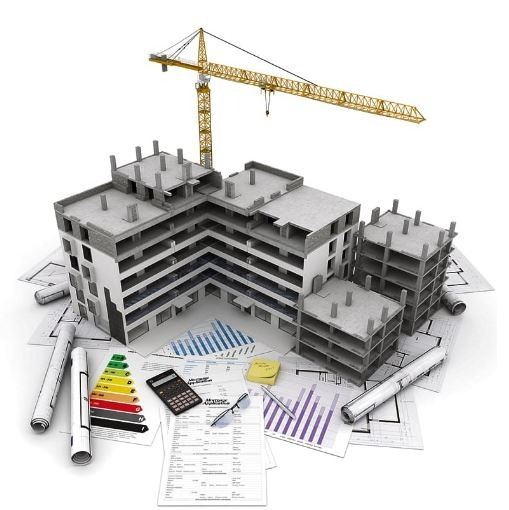 3D render of a building under construction with technical drawings