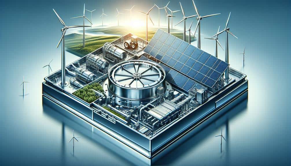 Illustration of integrated renewable energy systems, solar, wind and storage