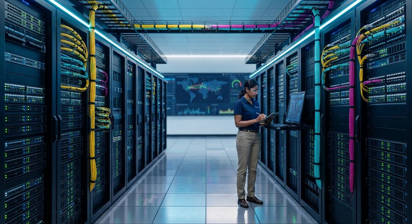 Engineer working in a data center aisle among server racks and structured network cabling