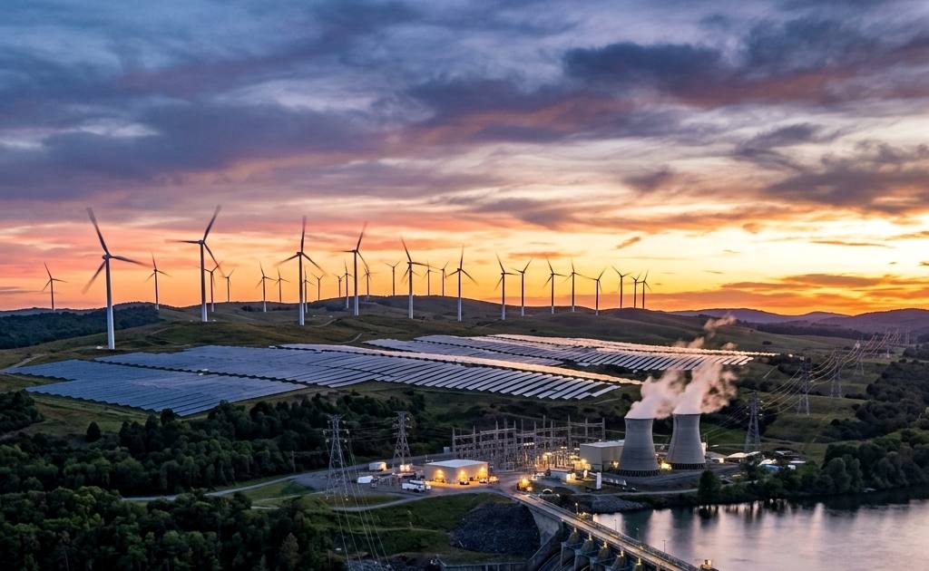Wind turbines, solar arrays and power infrastructure at sunset
