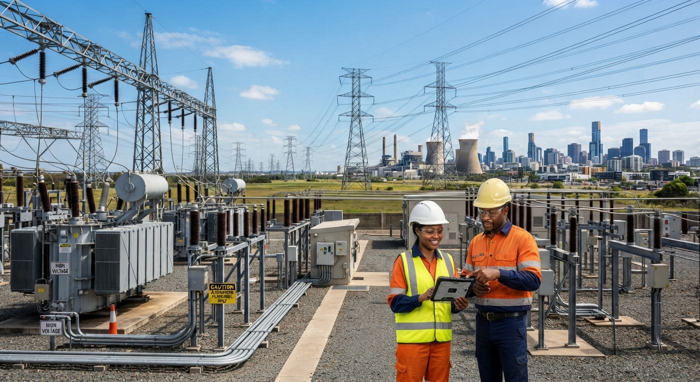 Engineers reviewing plans on a tablet inside a high-voltage substation with transformers and transmission lines