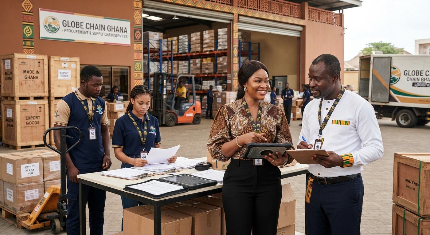 Procurement and logistics team coordinating deliveries at a warehouse with crated export goods